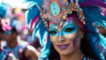 ai generado sonriente joven mujer en tradicional festival disfraz generado por ai foto