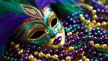 AI generated Mardi Gras costume, feather decoration, purple and gold generated by AI photo