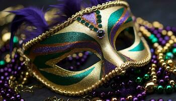 AI generated Mardi Gras costume, vibrant colors, glitter, masquerade mask generated by AI photo