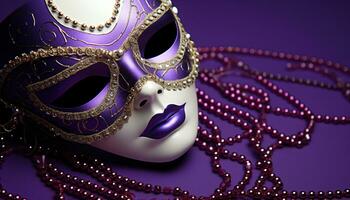ai generado púrpura pluma máscara agrega misterio y elegancia generado por ai foto