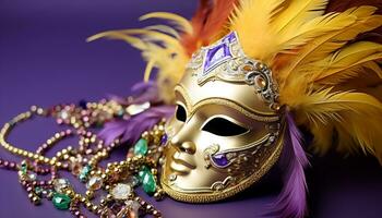 AI generated Mardi Gras costume, feather decoration, celebration of elegance generated by AI photo