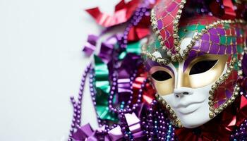 ai generado mardi gras máscara brilla con vibrante colores generado por ai foto