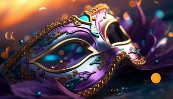 AI generated Mardi Gras celebration, colorful masks, feathers, and glitter generated by AI photo