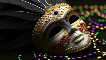 ai generado vistoso mascaras y disfraces a tradicional carnaval desfile generado por ai foto