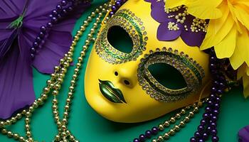 AI generated Colorful masks and costumes at Mardi Gras celebration generated by AI photo