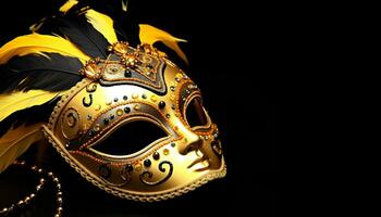 AI generated Gold colored mask with feather on black background generated by AI photo