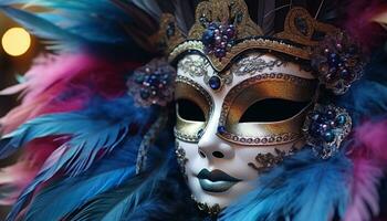 AI generated Elegant women in colorful masks celebrate Mardi Gras generated by AI photo