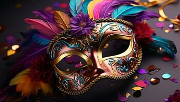 AI generated Mardi Gras celebration, costume, mask, confetti, party, parade generated by AI photo