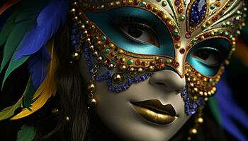 AI generated Glamorous woman in gold mask exudes elegance generated by AI photo