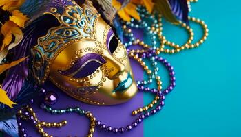 AI generated Mardi Gras costume, mask, celebration, multi colored elegance generated by AI photo