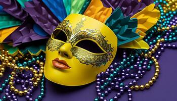 AI generated Mardi Gras mask, colorful feathers, vibrant celebration generated by AI photo