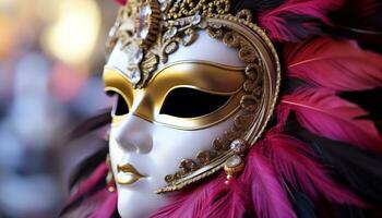 AI generated Feathered mask, gold costume, elegance and beauty generated by AI photo