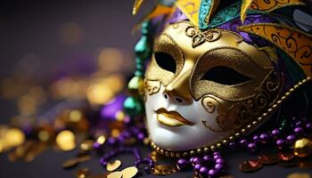 ai generado mardi gras máscara brilla con vibrante elegancia generado por ai foto