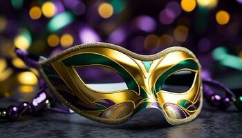 AI generated Shiny gold mask sparkles at glamorous Mardi Gras generated by AI photo