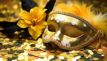 AI generated Golden mask shines at vibrant masquerade party generated by AI photo