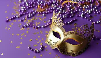 AI generated Mardi Gras celebration, costume, mask, confetti, party generated by AI photo