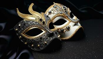 AI generated Shiny gold costume mask adds mystery to theatrical elegance generated by AI photo