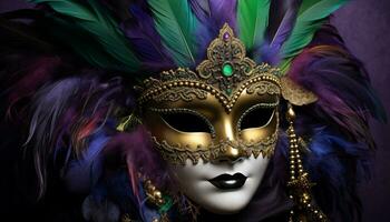 ai generado misterioso elegancia brilla en un vistoso mascarada disfraz generado por ai foto