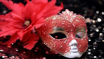 AI generated Shiny costume, glittering mask, elegance at masquerade party generated by AI photo