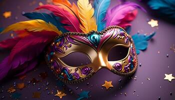 AI generated Mardi Gras celebration, costume, mask, confetti, party, purple, gold, parade generated by AI photo