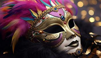 AI generated Feathered mask adds elegance to costume at celebration generated by AI photo