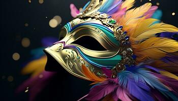 AI generated Feathered mask, costume, celebration, mystery, gold, multi colored generated by AI photo