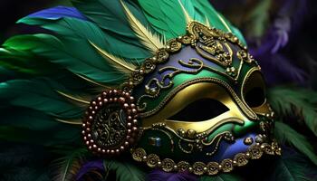 AI generated Colorful feathers adorn the mask of Mardi Gras generated by AI photo