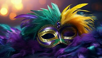 ai generado vistoso plumas adornar un máscara a un mardi gras celebracion generado por ai foto
