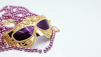 ai generado mardi gras traje, brillante rosario, púrpura máscara generado por ai foto