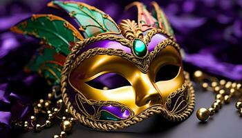 AI generated Gold colored mask, shiny feather, glitter, elegant costume generated by AI photo