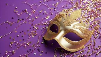 AI generated Purple costume, mask, celebration, gold glitter, Mardi Gras generated by AI photo