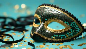 AI generated Masked celebration, gold costume, confetti, mystery, Mardi Gras generated by AI photo