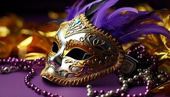 AI generated Mardi Gras mask, gold costume, shiny feather generated by AI photo