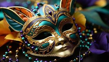 AI generated Colorful feathers adorn a golden Mardi Gras mask generated by AI photo