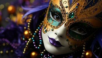 AI generated Purple costume, traveling carnival, elegance, Mardi Gras celebration generated by AI photo