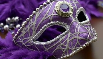 ai generado púrpura pluma mascarilla, un símbolo de elegancia y misterio generado por ai foto