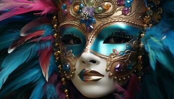 AI generated Feathered mask disguises elegance in traveling carnival generated by AI photo