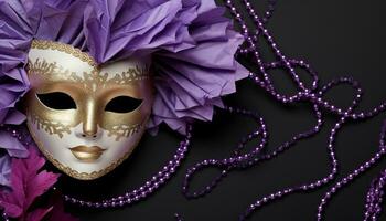 ai generado púrpura traje, mascarilla, elegancia, misterio, pluma, mujer, mascarada generado por ai foto