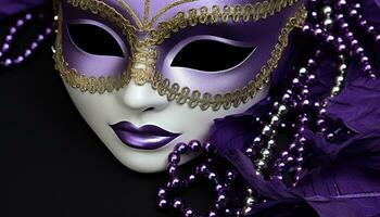 AI generated Purple feather mask adds mystery to costume party generated by AI photo