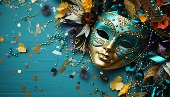 AI generated Mardi Gras celebration, costume, mask, confetti, party generated by AI photo