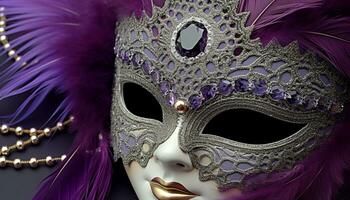 AI generated Purple feather mask adds mystery to costume party generated by AI photo