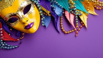 AI generated Mardi Gras celebration, costume, mask, feather, purple, gold generated by AI photo