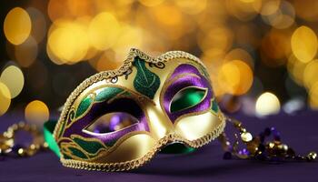 ai generado brillante oro disfraz mascaras iluminar mardi gras celebracion generado por ai foto