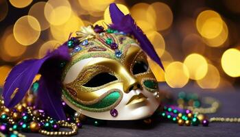 AI generated Mardi Gras celebration, costume, mask, party, glitter, purple generated by AI photo