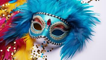 AI generated Colorful feathers adorn masks at a festive carnival generated by AI photo
