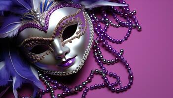 ai generado púrpura mascarilla, pluma decoración, mardi gras celebracion generado por ai foto