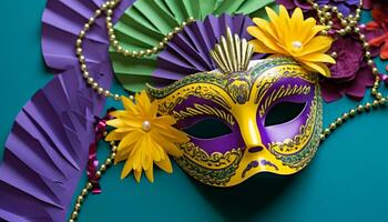 AI generated Mardi Gras celebration, costume, mask, party, gold, tradition generated by AI photo