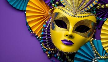 AI generated Mardi Gras celebration, mask, costume, colors, parade, party generated by AI photo