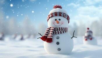 ai generado alegre monigote de nieve celebra invierno con copo de nieve decoración generado por ai foto