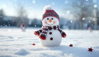 AI generated Winter snowman smiling outdoors, snowflake celebration decoration nature generated by AI photo